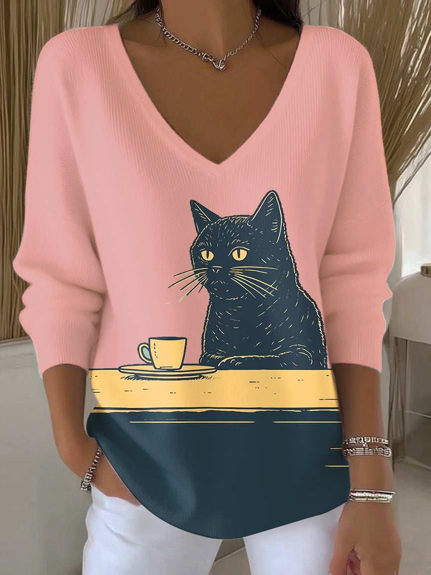 Women's Cat Drinking Tea Print Top