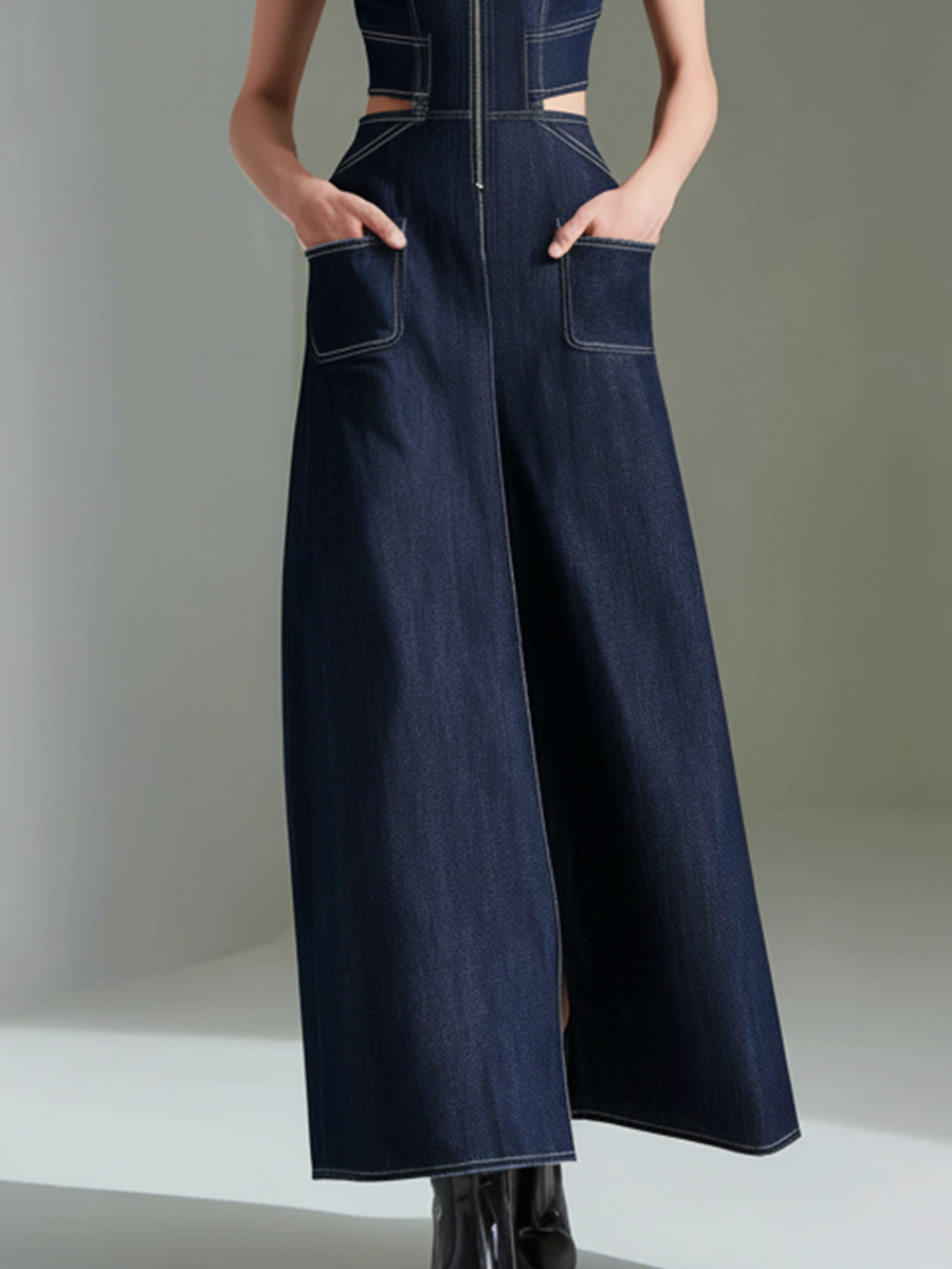 Architectural High-Neck Denim Maxi Dress