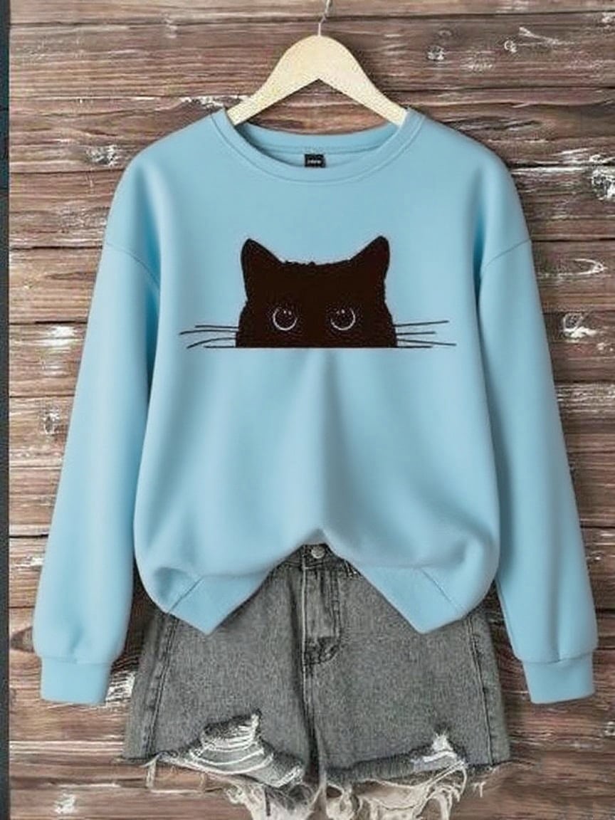 Women's Cute Black Cat Print Casual Top