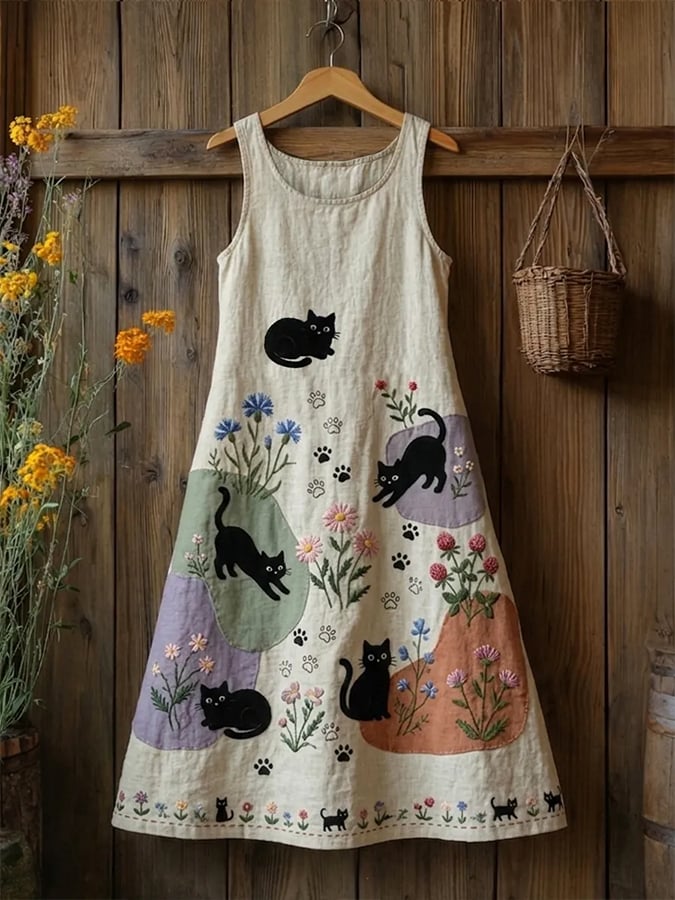 Women'S Sleeveless Crew Neck Dress With Cat Print