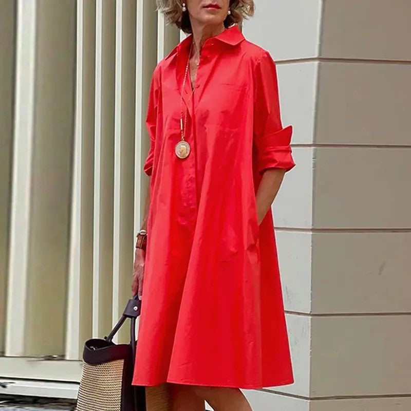 Spring-Summer New Type Fashion Temperament Shirt Collar Long Sleeve Pocket Mid-Length Dress