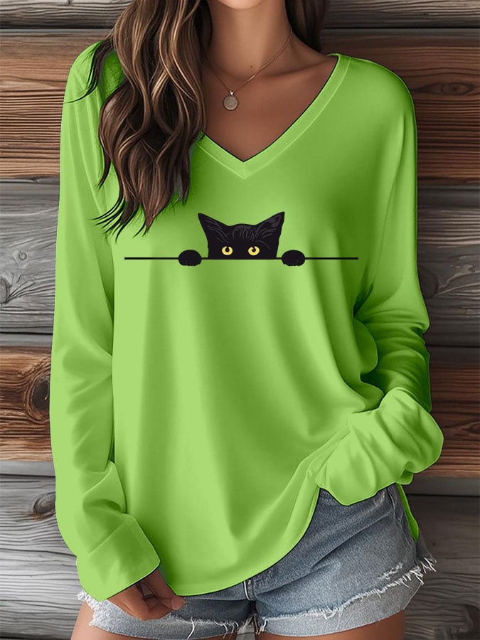 Women's Cat Print V-Neck Long Sleeve T-Shirt