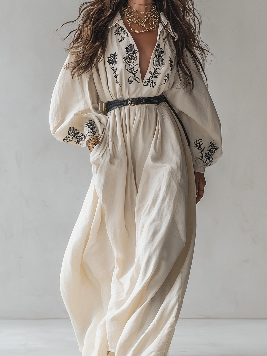 Cream Linen Embroidered Puff Sleeve Shirt Maxi Dress