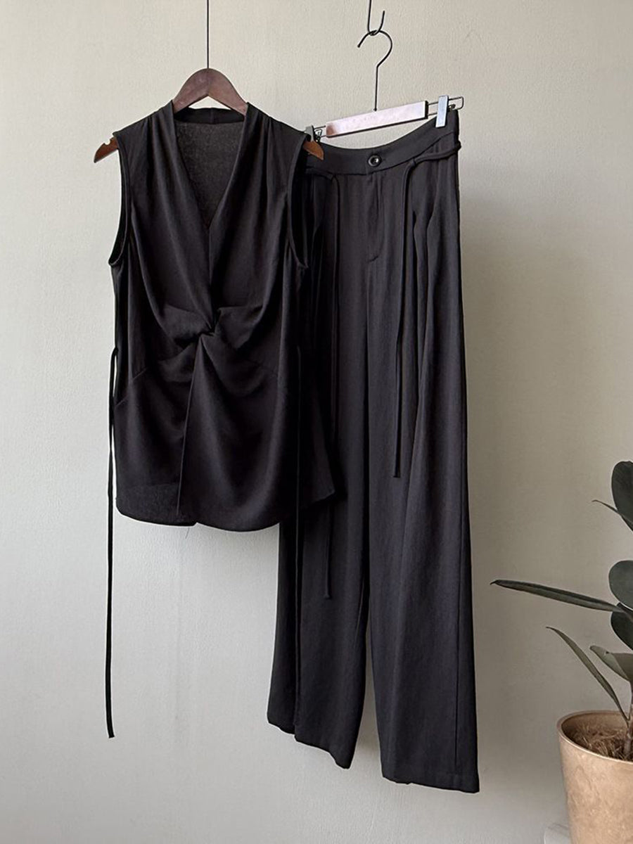 Casual Two-piece Set: Floral-print Linen & Cotton Top And Solid-color Trousers