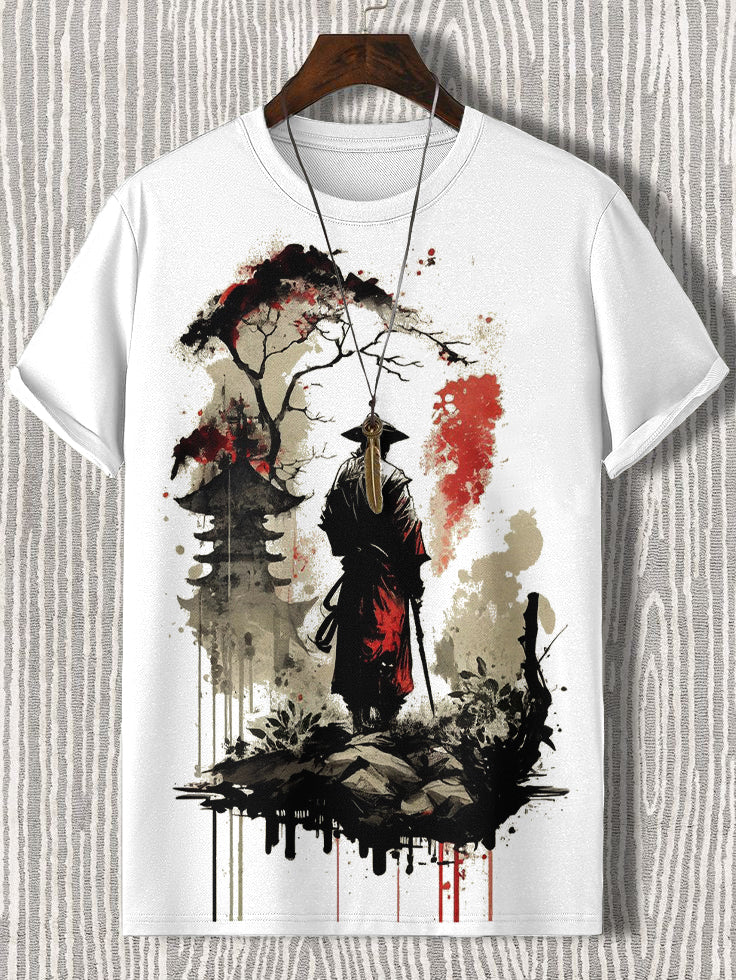 Men's Samurai Tower Tree Japanese Art Print Cotton Casual T-Shirt