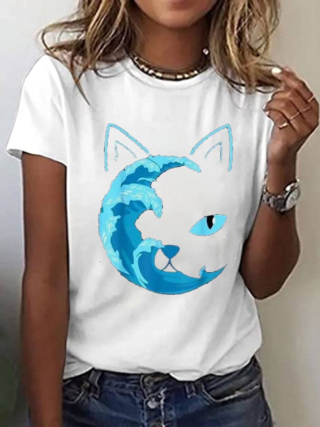 Women's Blue Wave&Cat Print T-Shirt