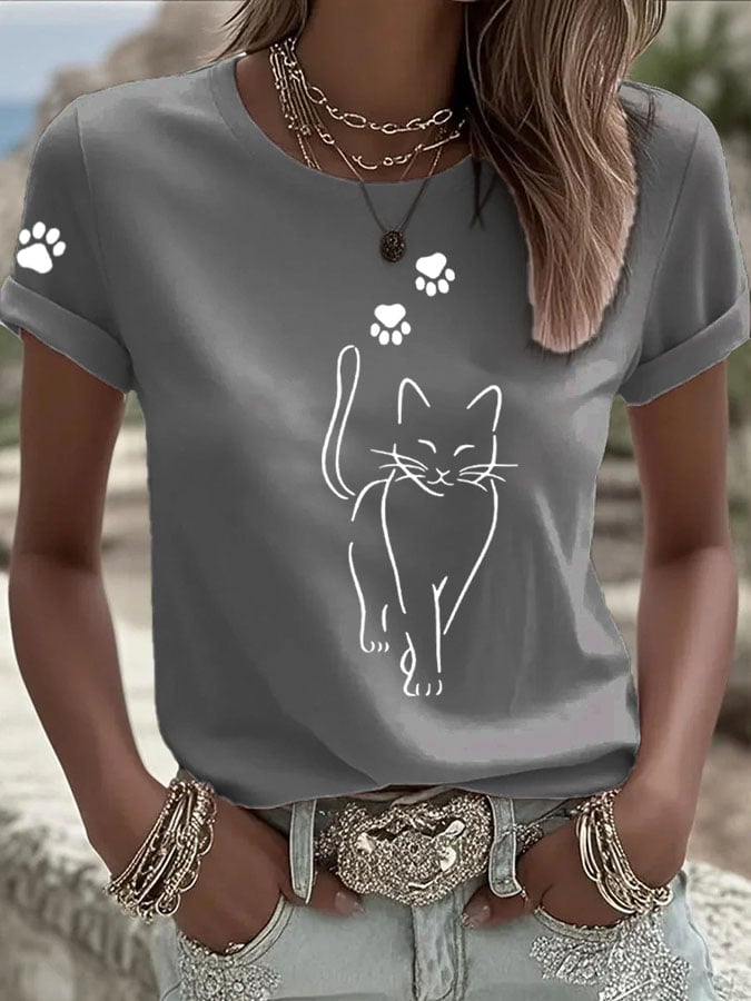 Women'S Cute Cat print Casual T-Shirt