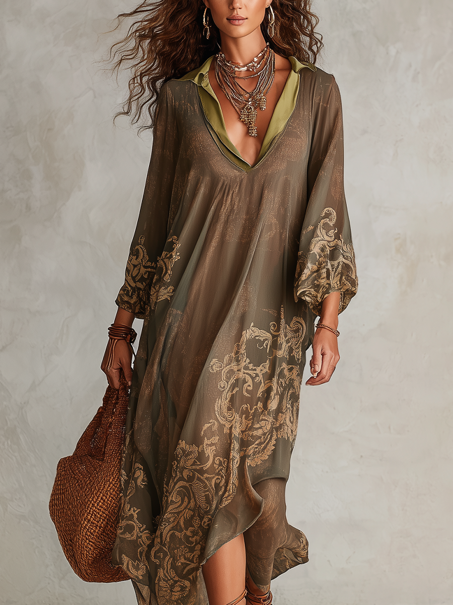 Sheer Bronze Boho Flow Midi Dress