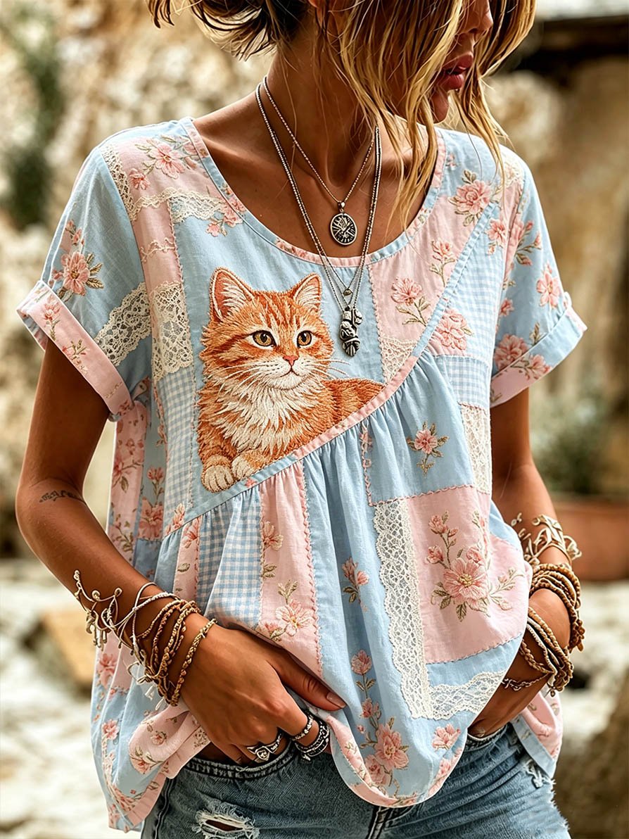 Women's Casual Animal Cat Floral Cotton Linen Top