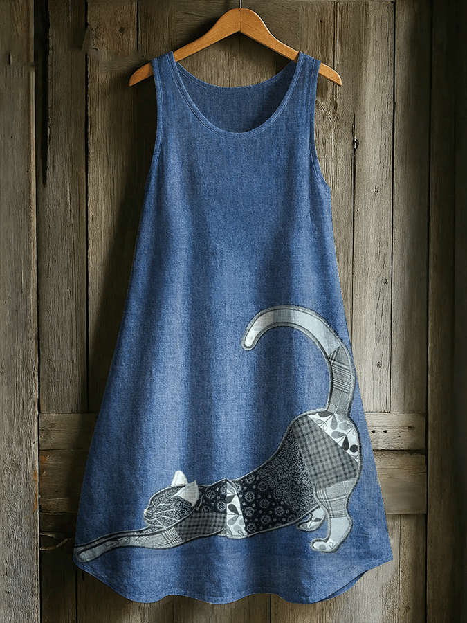 Women's Cute Cat Print Linen Blend Tank Dress