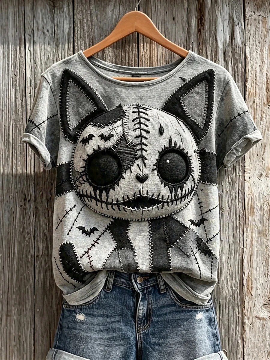 Women's Vintage Stitched Cat Monster Patchwork Art Print short-sleeved T-shirt