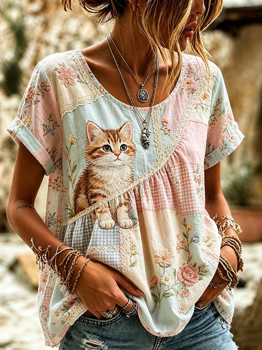 Women's Casual Animal Cat Floral Cotton Linen Top