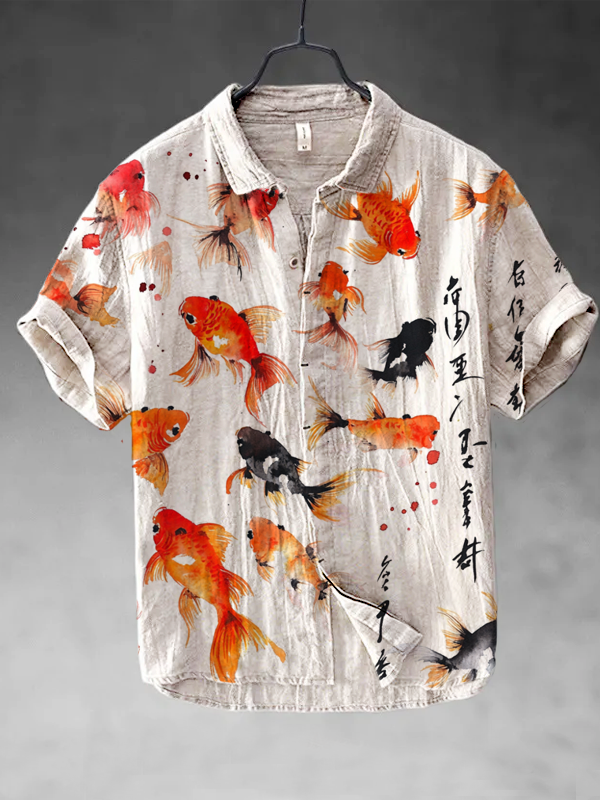 Men's Goldfish Watercolor Painting Art Print Short Sleeve Shirt
