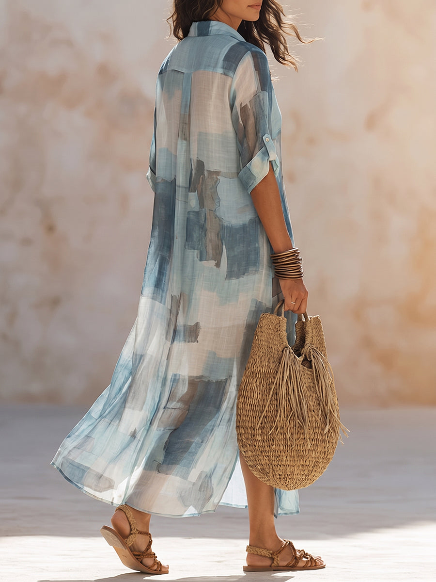 Artistic Brushstroke Blue Chiffon Dress