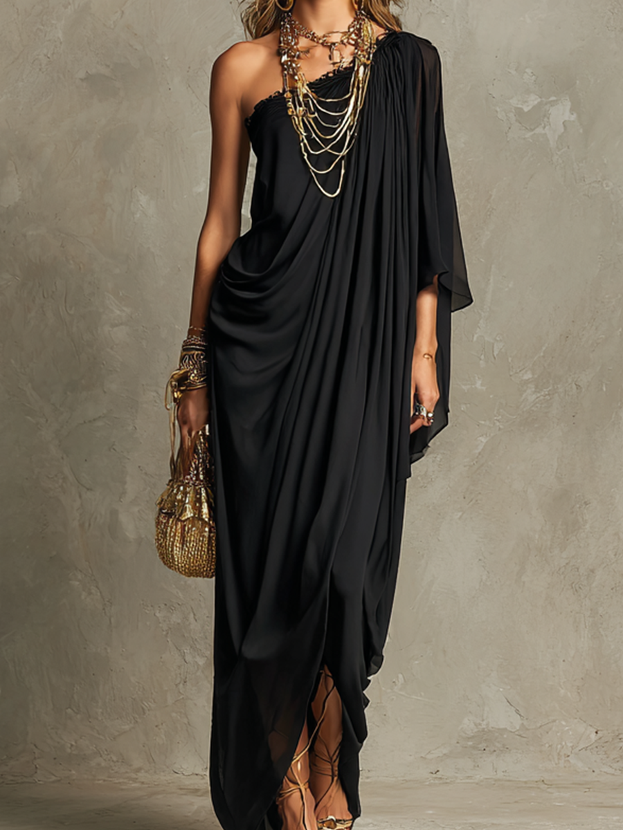 Bohemian Black One Shoulder Draped Maxi Dress