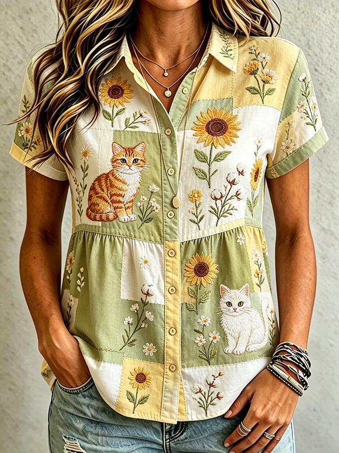 Women's Casual Cat Floral Print Shirt
