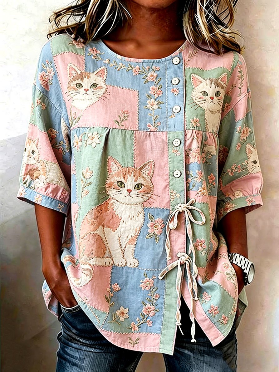 Women's Denim Cat Portrait Patchwork Art Print Casual Top