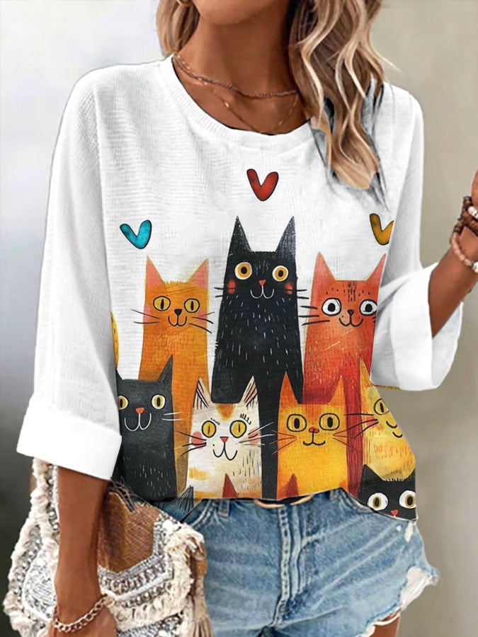 Women's Retro Funny Animal Cat Print Shirt