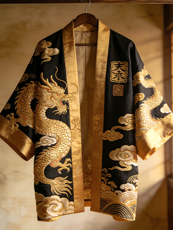 Men's Golden Dragon And Auspicious Clouds Print Kimono Cardigan