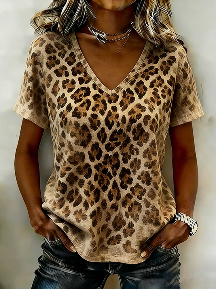 Vintage Leopard And Animal Patchwork Art Pattern Linen Blend Loose Short Sleeve Tops