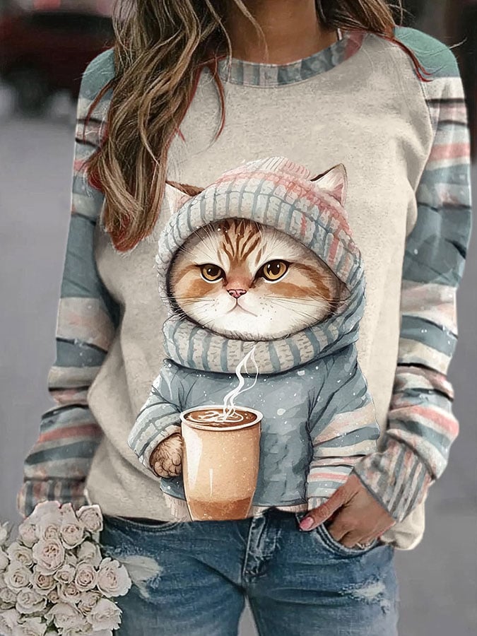 Women's Winter Funny Cute Wonderland Clothingl Clipart Cat Coffee Printed Sweatshirt