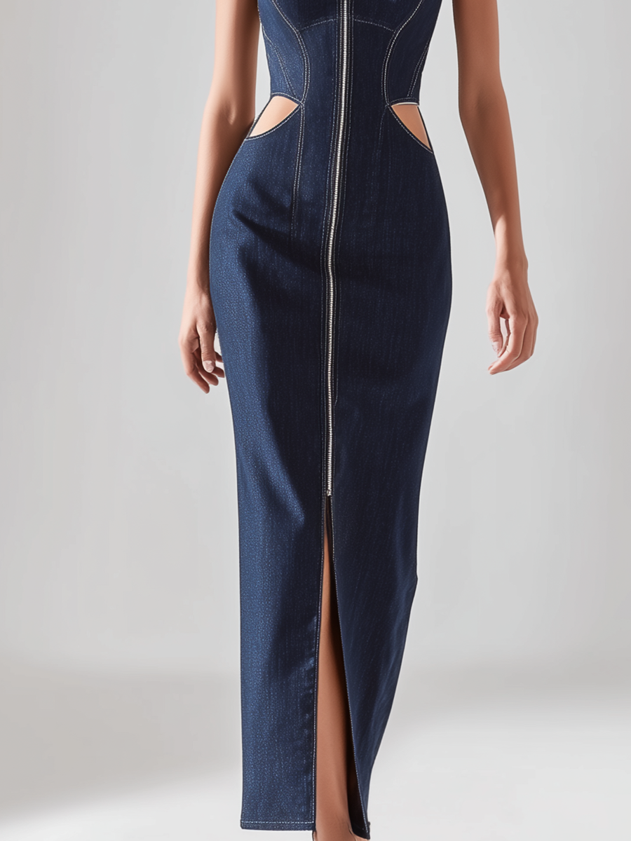 Sculpted Zip-Front Denim Maxi Dress