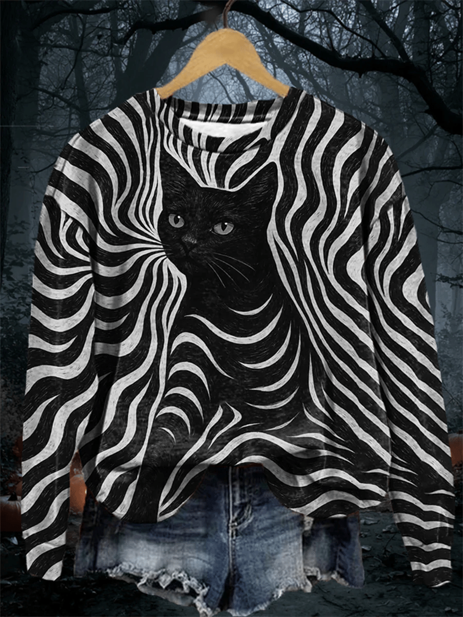 Women's Halloween Black Cat Print Crew Neck Sweatshirt