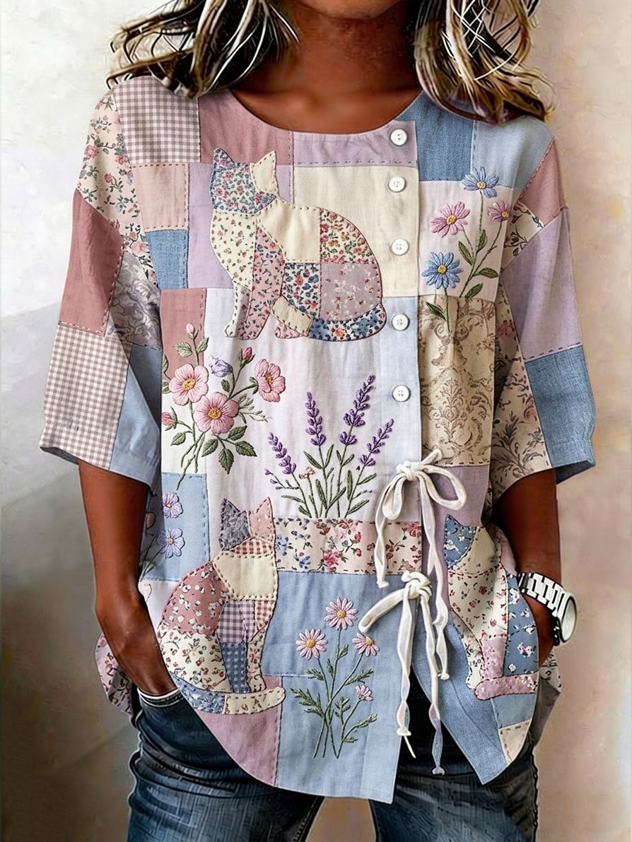 Women's Denim Cat Portrait Patchwork Art Print Casual Top