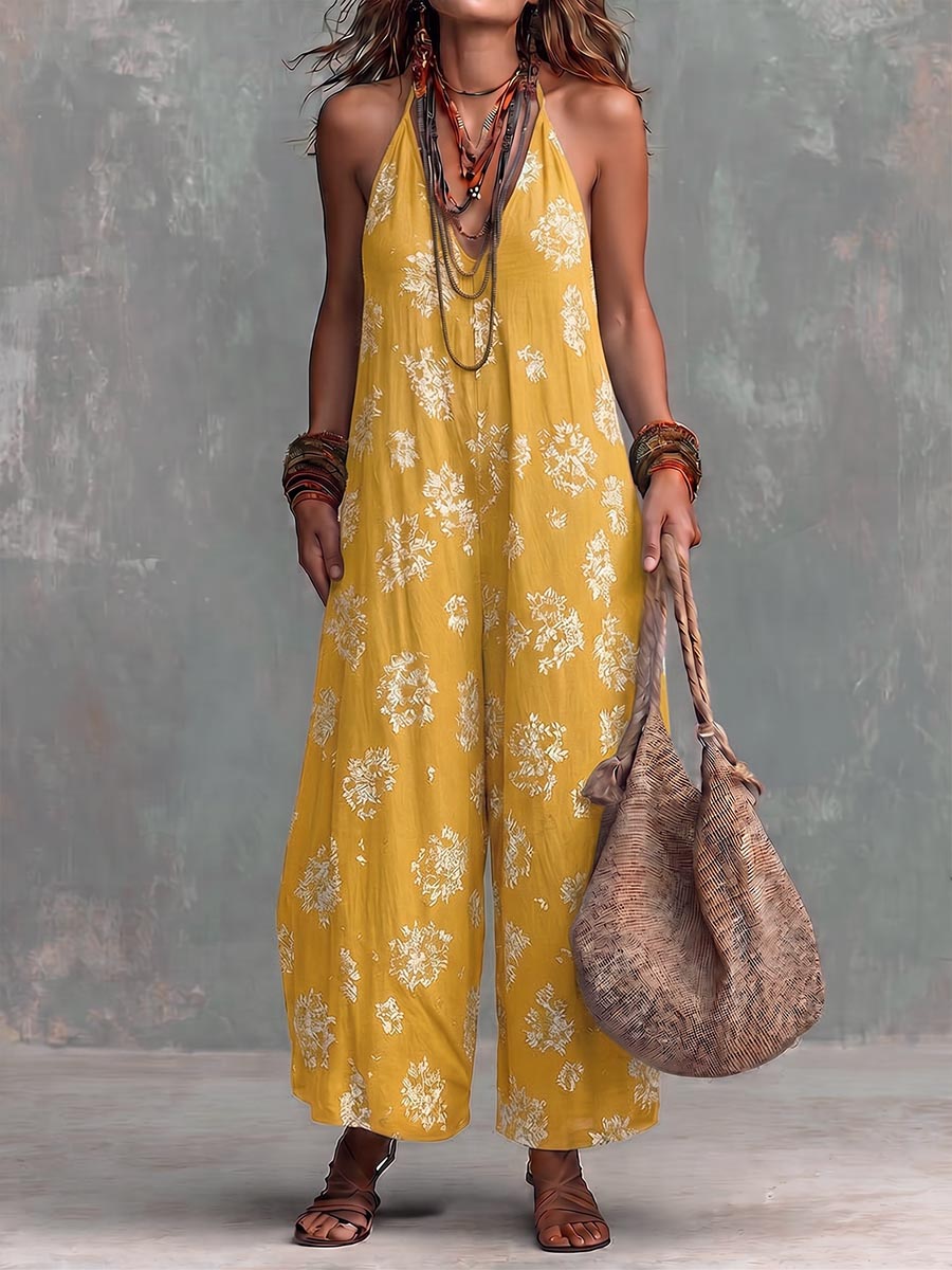 Women's Retro Print V-neck Sleeveless Casual Loose Wide-leg Cotton-linen Jumpsuit