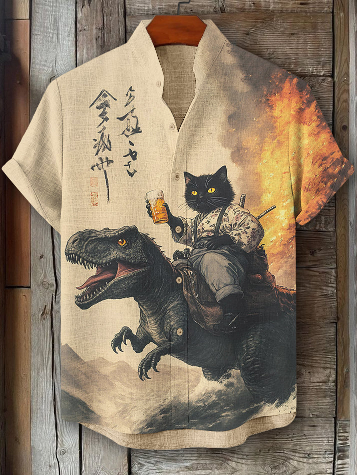 Men's Black Cat Samurai Dinosaur Sea Wave Print Short Sleeve Shirt