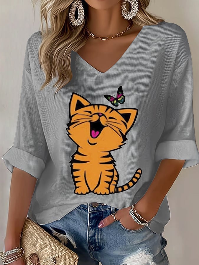 Women's Cat and Butterfly Print Casual T-Shirt