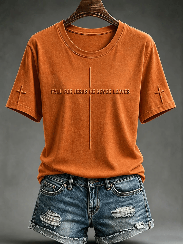 Women's Retro Fall For Jesus He Never Leaves Print Comfortable T-Shirt