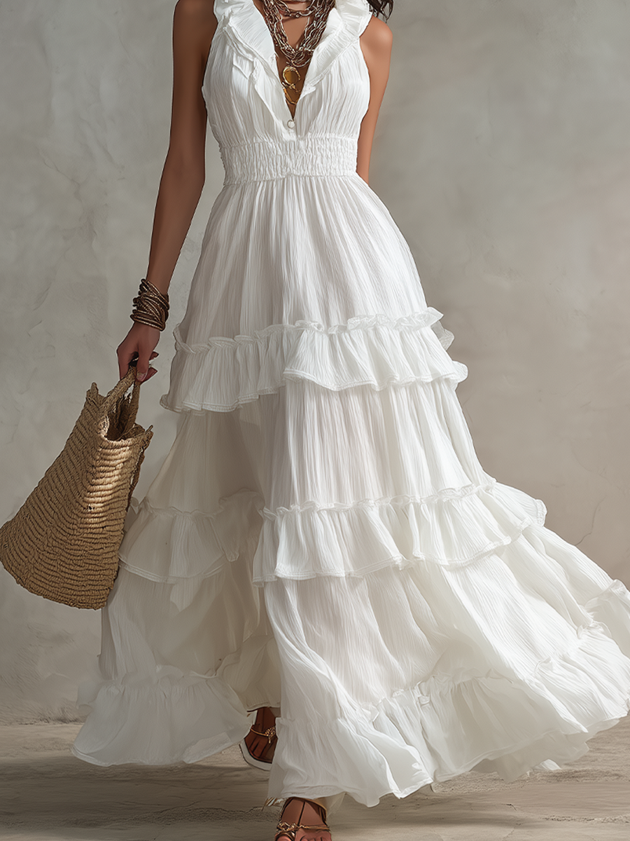 White Sleeveless Pleated Bohemian Long Dress With Ruffled Details