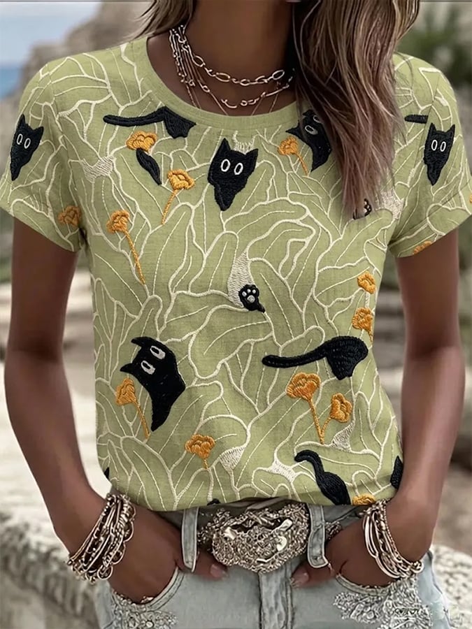 Women'S Casual Short-Sleeve Top With Animal Print