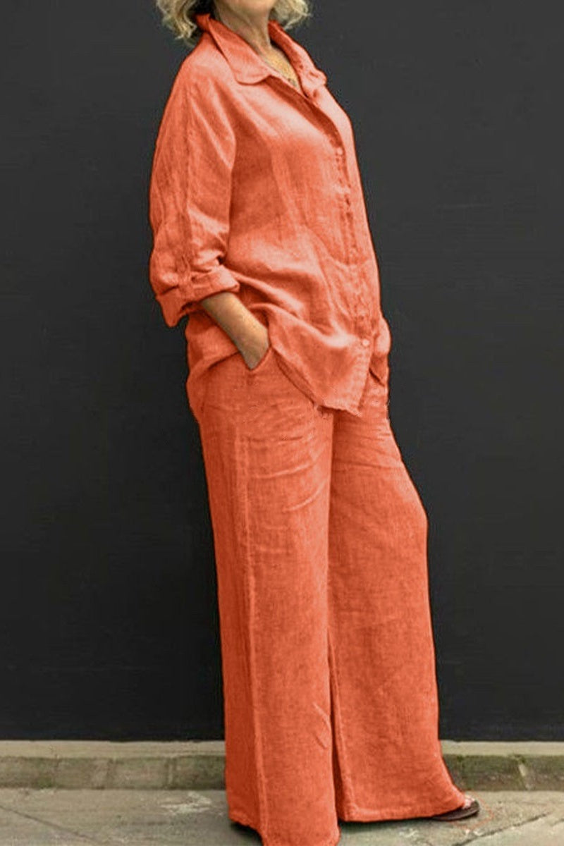 Women Linen Lapel Shirt Two Pieces Set Vintage Solid Long Sleeve Button Blouse and Loose Straight Pants Casual Suits
