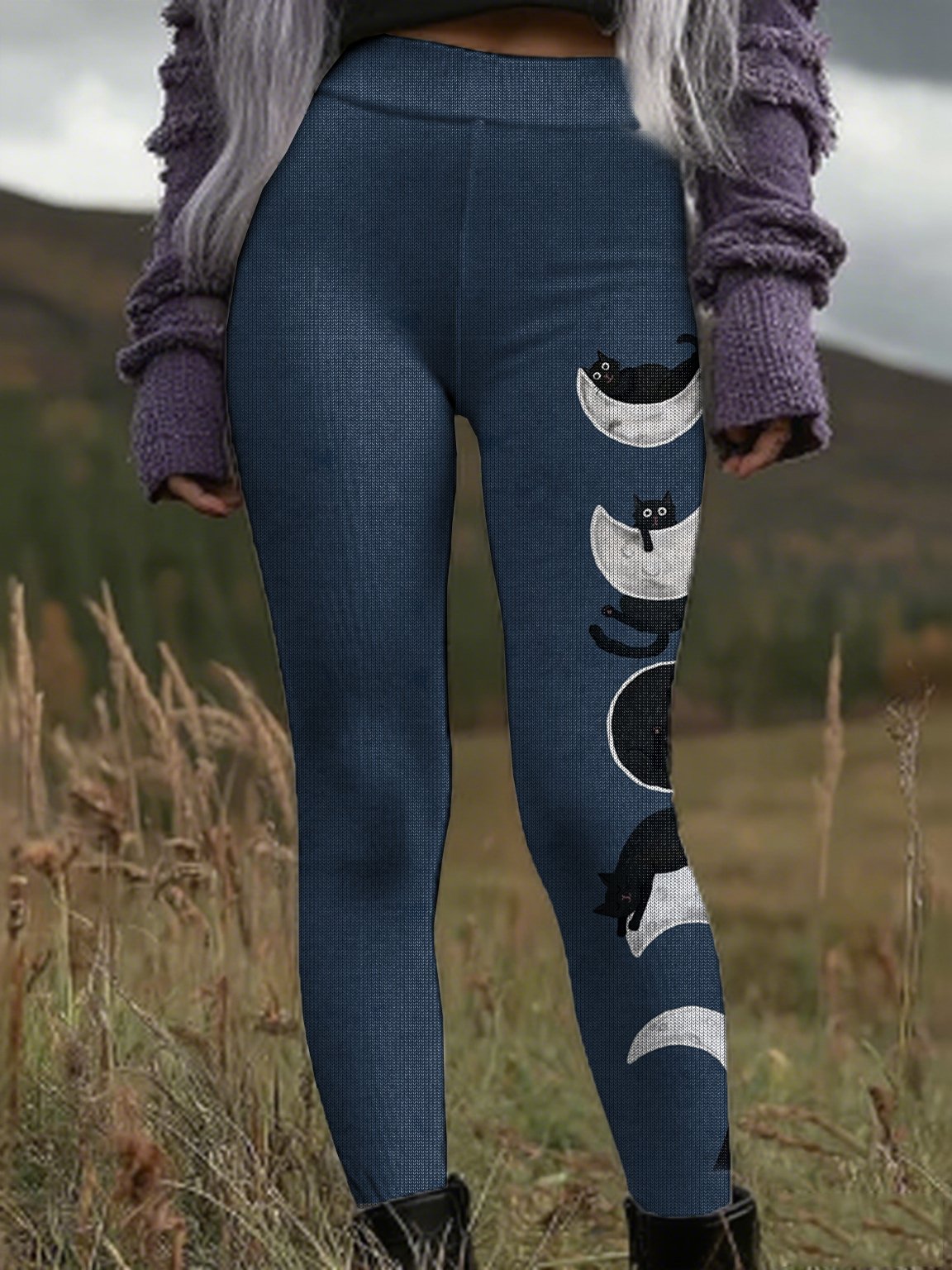 Women's Black Cat Moon Print Pants