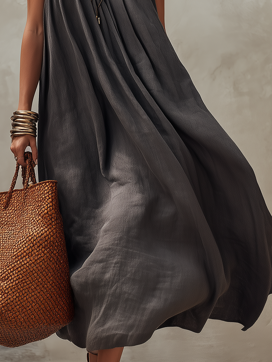 Oversized Charcoal Gray Linen Halter Midi Dress