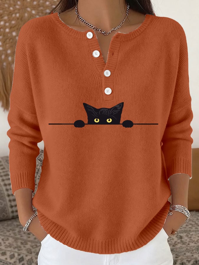Women's Casual Cat Print Knit Top