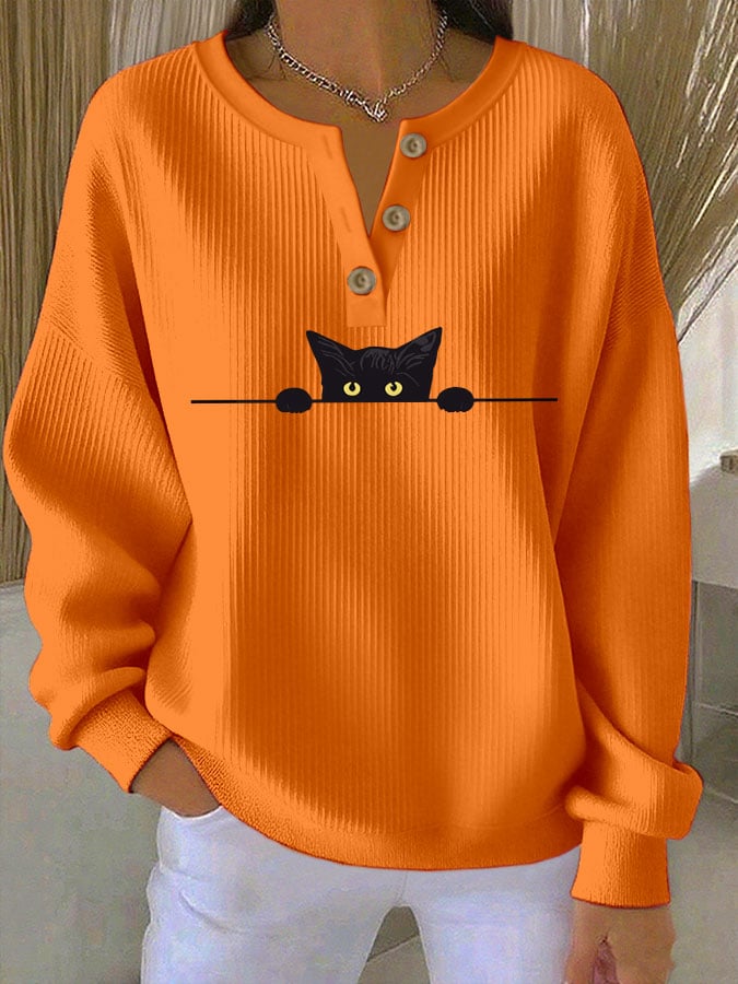 Women's Cat Print Knitted Crew Neck Long Sleeve Top