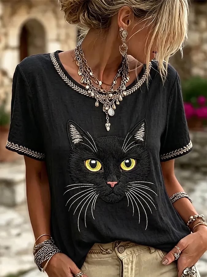 Women'S Casual Short-Sleeve Top With Cute Animal Print