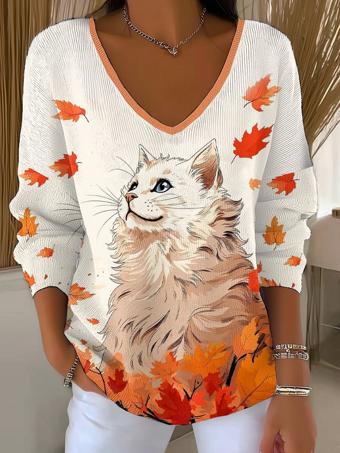 Women's Autumn Cute Cat Print Drop Shoulder Sweater