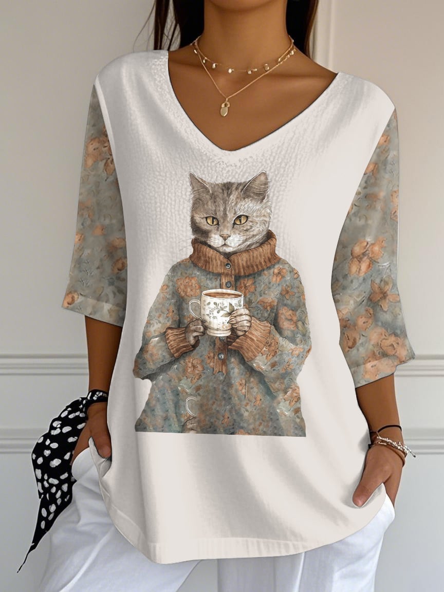 Women's Flower Cat Printed T-Shirt