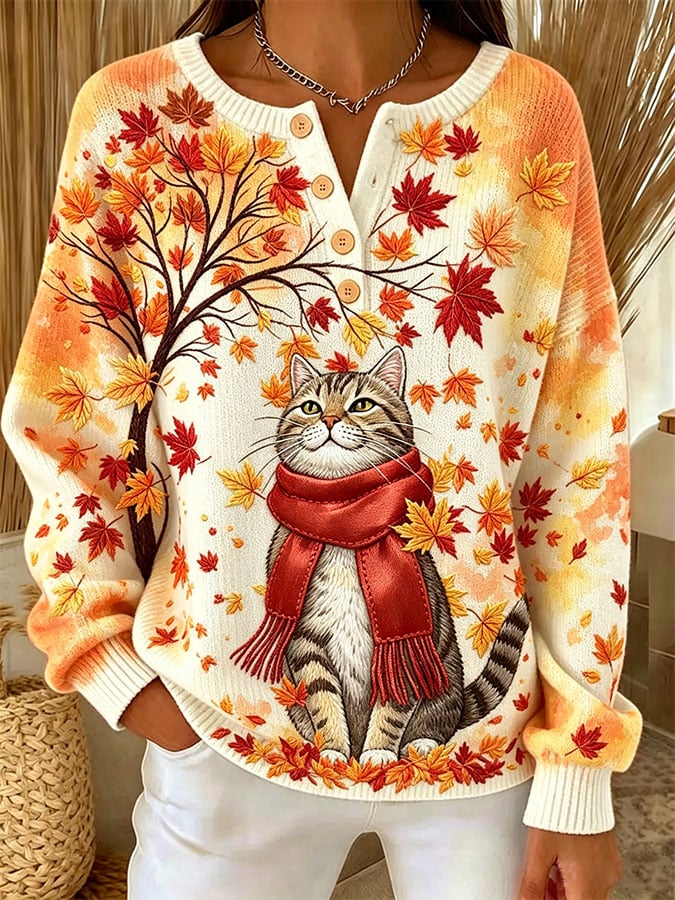 Women's Casual Print Button-Up Collar Knit Top