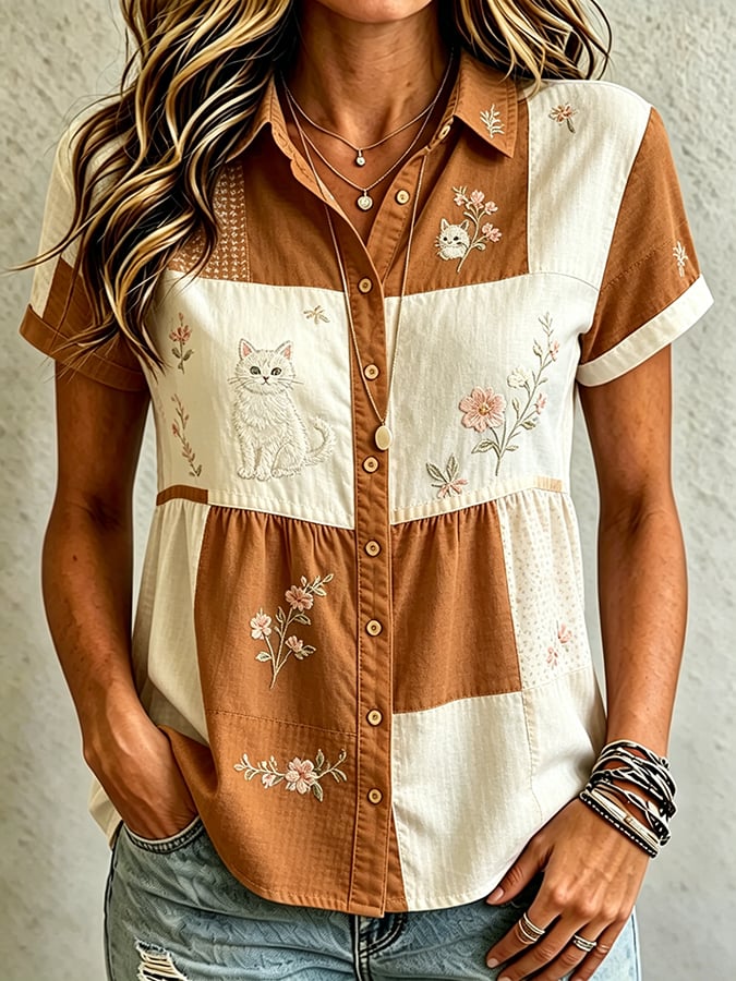 Women's Casual Cat Floral Print Shirt