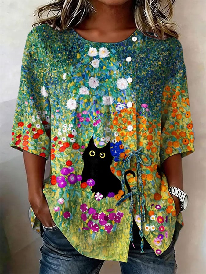 Women's Vintage Cat & Floral Print Lace-Up Shirt