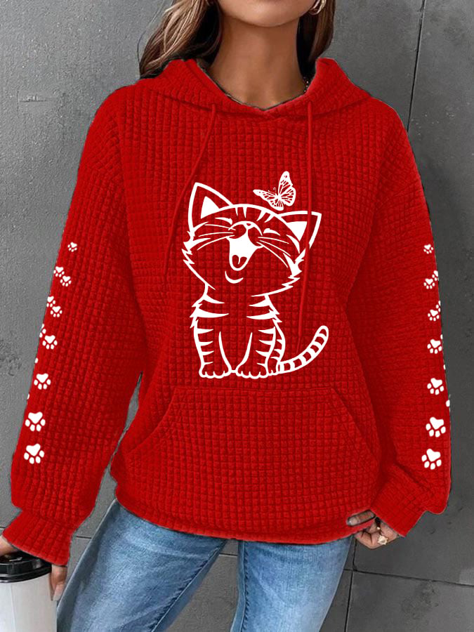 Women's Cute Cat Graphic Cat Lovers Casual Waffle Hoodie