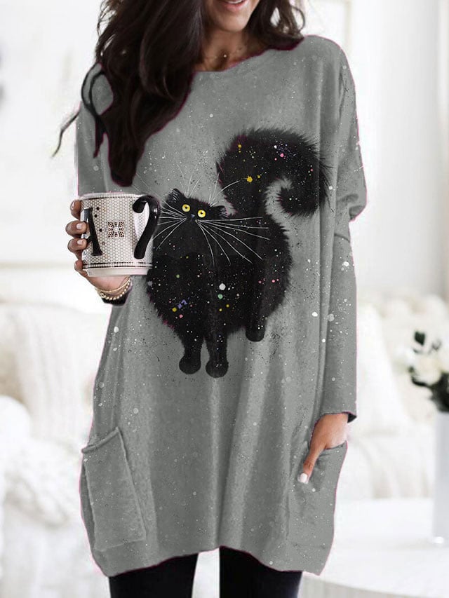 Women's cute black cat print sweatshirt