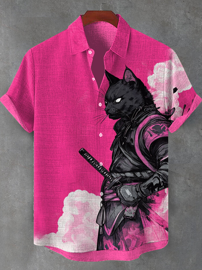 Men's Cool Black Cat Warrior Art Print Short Sleeve Shirt