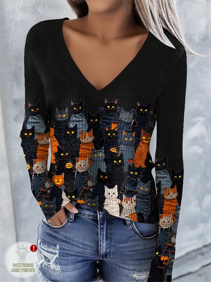 Women's Vintage Animal Cat Print Knit Top