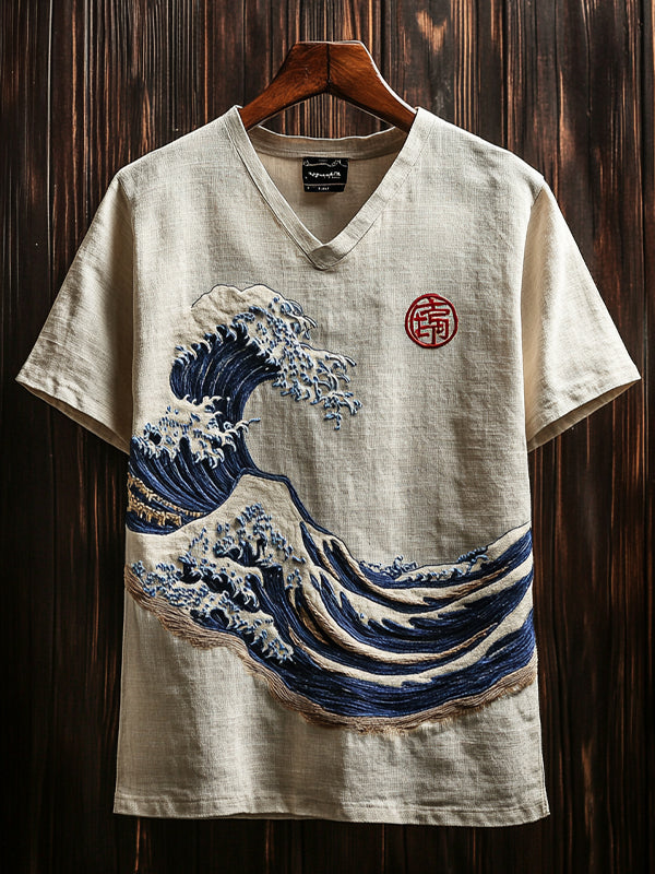 Men's The Great Wave Off Kanagawa Embroidery Art Print Casual V Neck T-Shirt